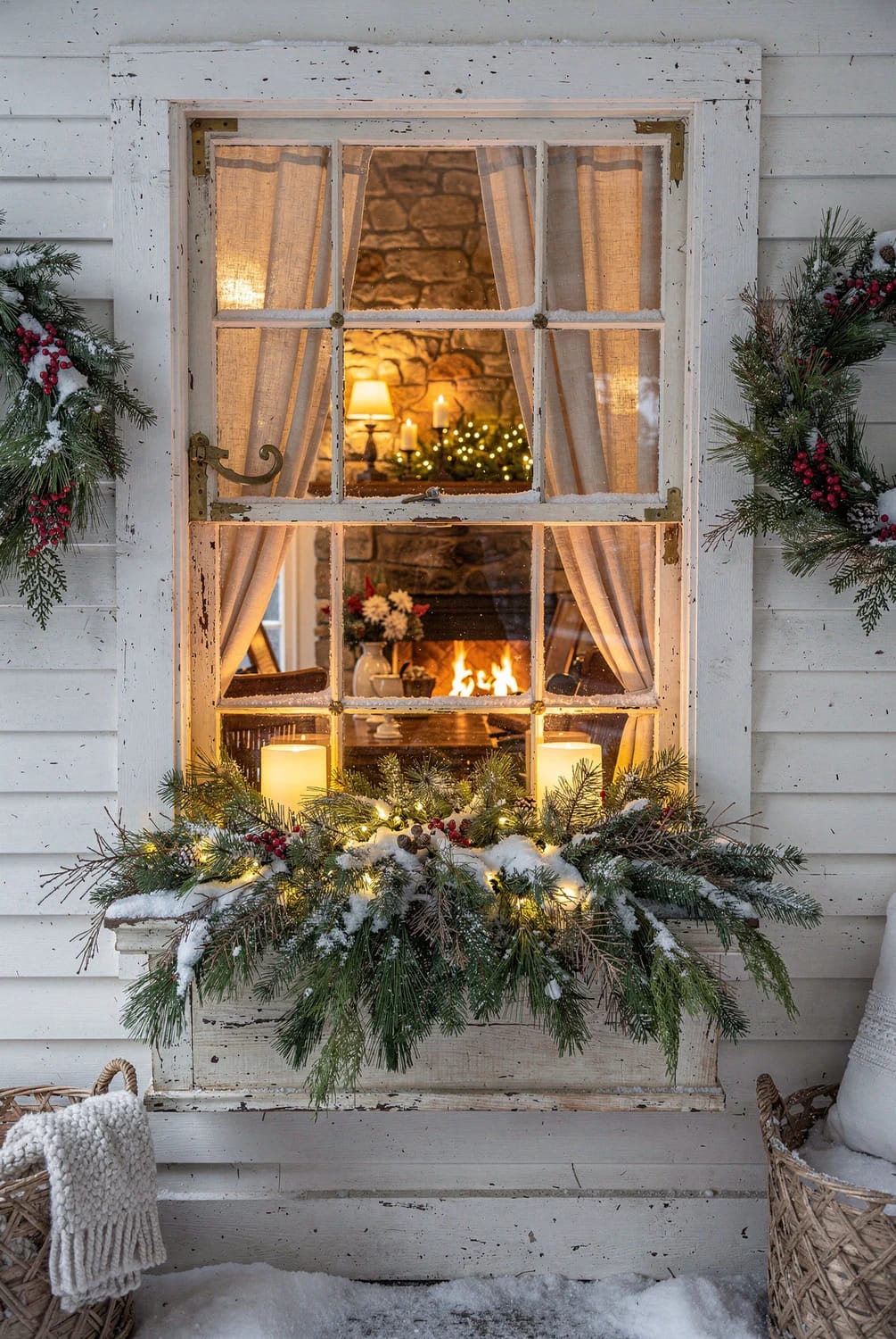 Snow-dusted Christmas greenery with warm lights tucked inside decorates a rustic window box, while evergreen and red berry wreaths frame the window.