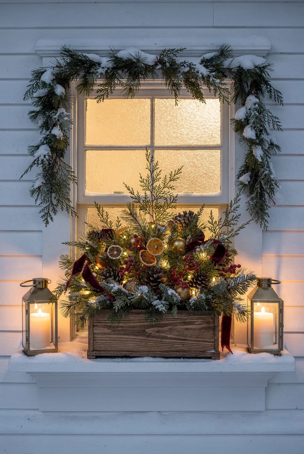 Snow-covered Christmas window box filled with evergreen branches, pinecones, dried orange slices, berries, ornaments, burgundy ribbon, and small lights tucked into the greenery, framed by snowy garland and flanked by two lanterns