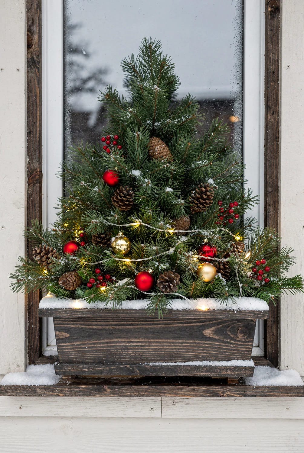 A snow-dusted Christmas window box arranged with layered evergreen branches, pinecones, red berries, red and gold ornaments, and glowing string lights in front of a window