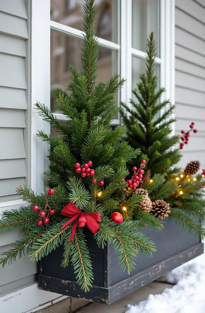 Christmas window box filled with layered cut conifer branches, small evergreen trees, red berries, pinecones, warm lights, and a red bow beside a snowy exterior windowsill