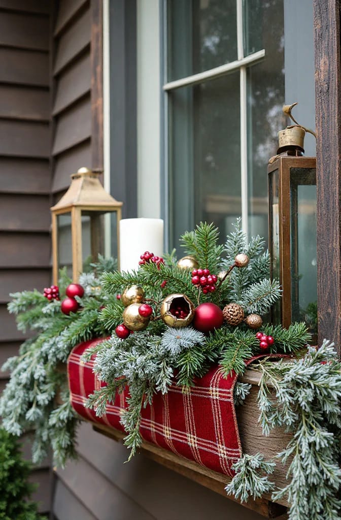 Christmas window box decorated with a long red plaid ribbon across the front, evergreen branches, frosted foliage, red berries, ornaments, a white candle, and lanterns beside the window