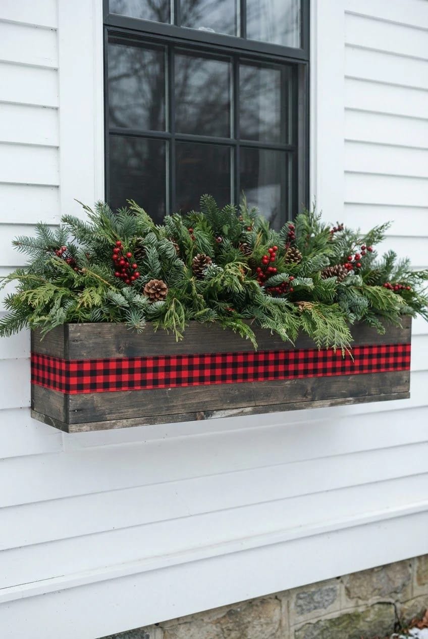 Wooden Christmas window box filled with evergreen branches, red berries, and pinecones, decorated with a continuous red-and-black plaid ribbon across the front beneath a black-framed window