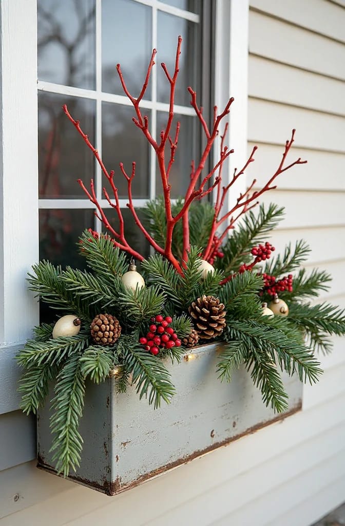 Christmas window box filled with evergreen branches, red twig dogwood stems, pinecones, red berries, and cream ornaments beneath a window