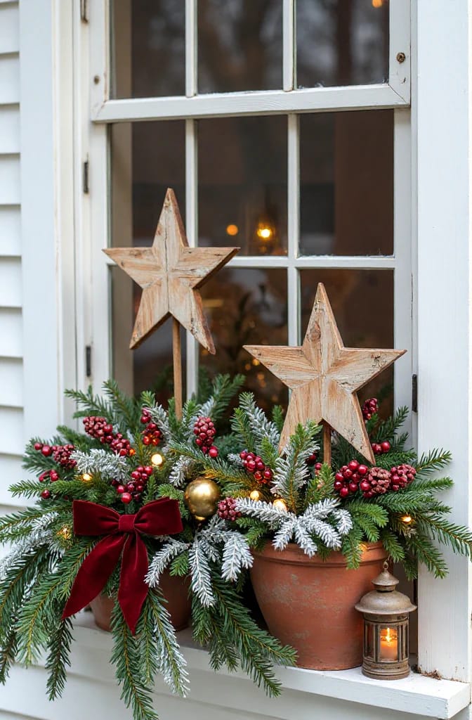12 Christmas Window Box and Exterior Sill Decorating Ideas That Survive January 4 Christmas window box featuring evergreen branches, red berries, frosted foliage, a burgundy bow, and two wooden stars on stakes set at different heights, with a lantern on the sill