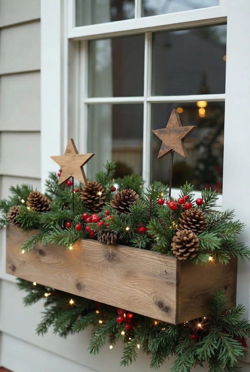 12 Christmas Window Box and Exterior Sill Decorating Ideas That Survive January 5 Wooden Christmas window box filled with evergreen branches, pinecones, red berries, and small lights, featuring two wooden stars on stakes at different heights
