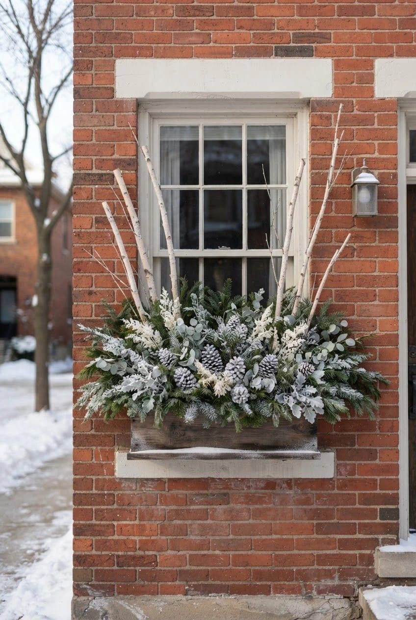 Winter Christmas window box on a red brick exterior, filled with evergreen branches, frosted foliage, pale pinecones, and white birch stems without red accents