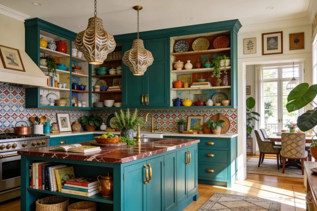 Eclectic kitchen with teal cabinets, open shelves displaying colorful dishes, patterned tile backsplash, marble island, decorative pendant lights, plants, and framed artwork