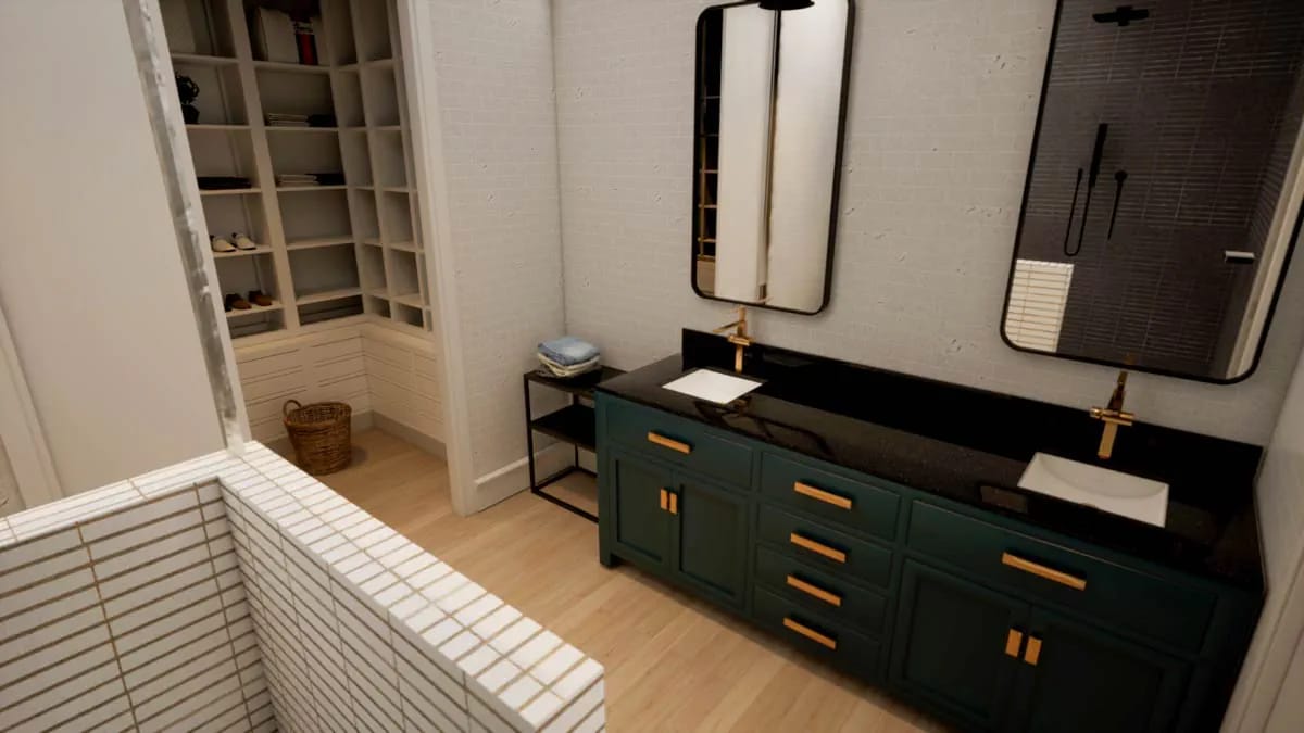 Contemporary bathroom with green double vanity, vessel sinks, brass fixtures, and built-in storage