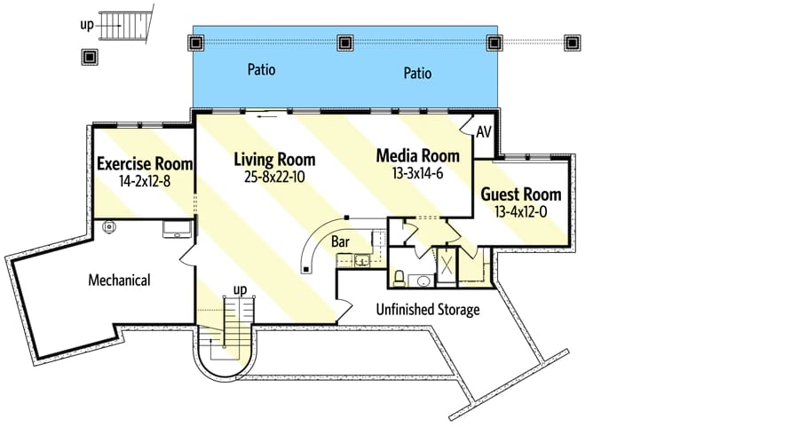 Floor plan of the walkout lower level for a contemporary country barn home, showing labeled rooms including exercise room, living room, media room, guest room, bar, mechanical area, unfinished storage, and two patios.