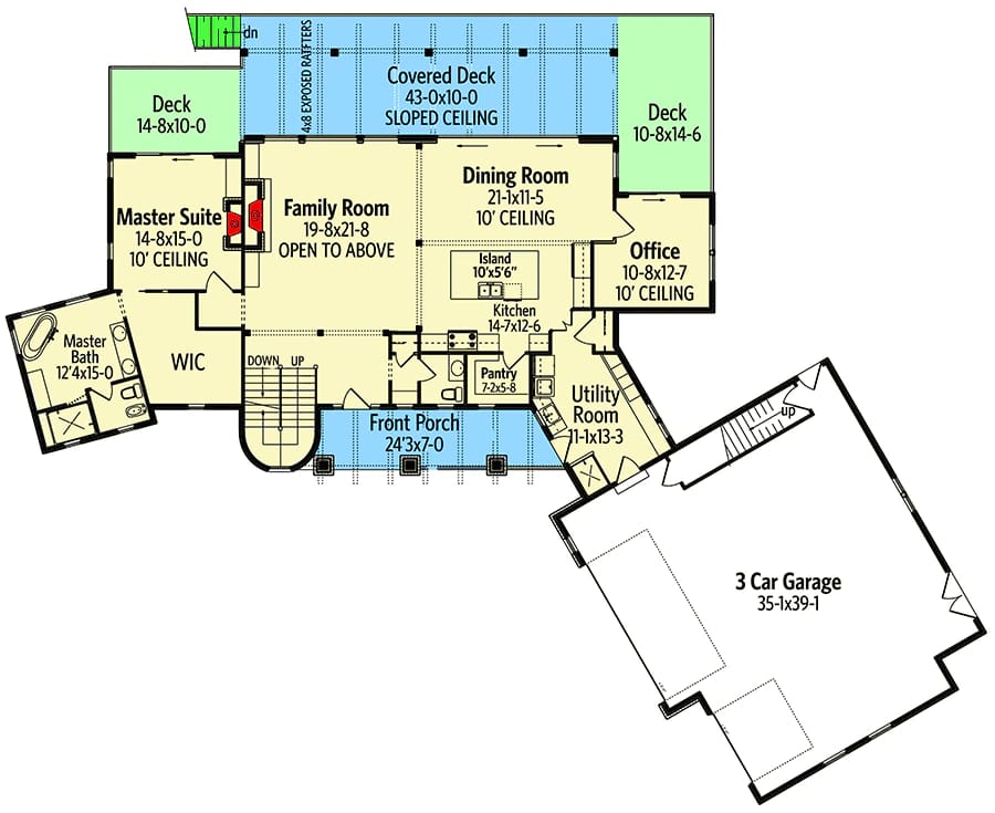 Main floor plan of a contemporary country barn home featuring a master suite, family room, dining room, kitchen with island, pantry, office, utility room, front porch, covered deck, two outdoor decks, and a three-car garage layout