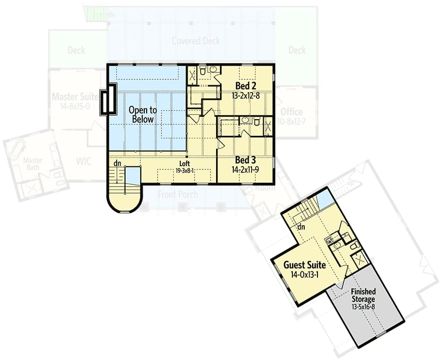Floor plan layout showing upper and lower levels of a contemporary country barn home plan, featuring labeled bedrooms, a loft, guest suite, finished storage, and stairwell locations.