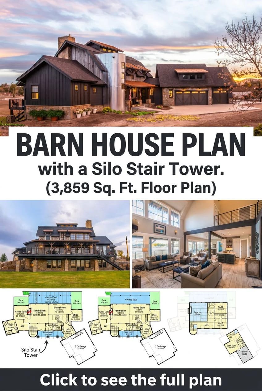 Collage featuring a 5-bedroom contemporary country barn house with a prominent silo stair tower, exterior and interior views, and detailed floor plans for a 3,859 sq. ft. home with walkout lower level, wet bar, and expansive glass at lawn level.