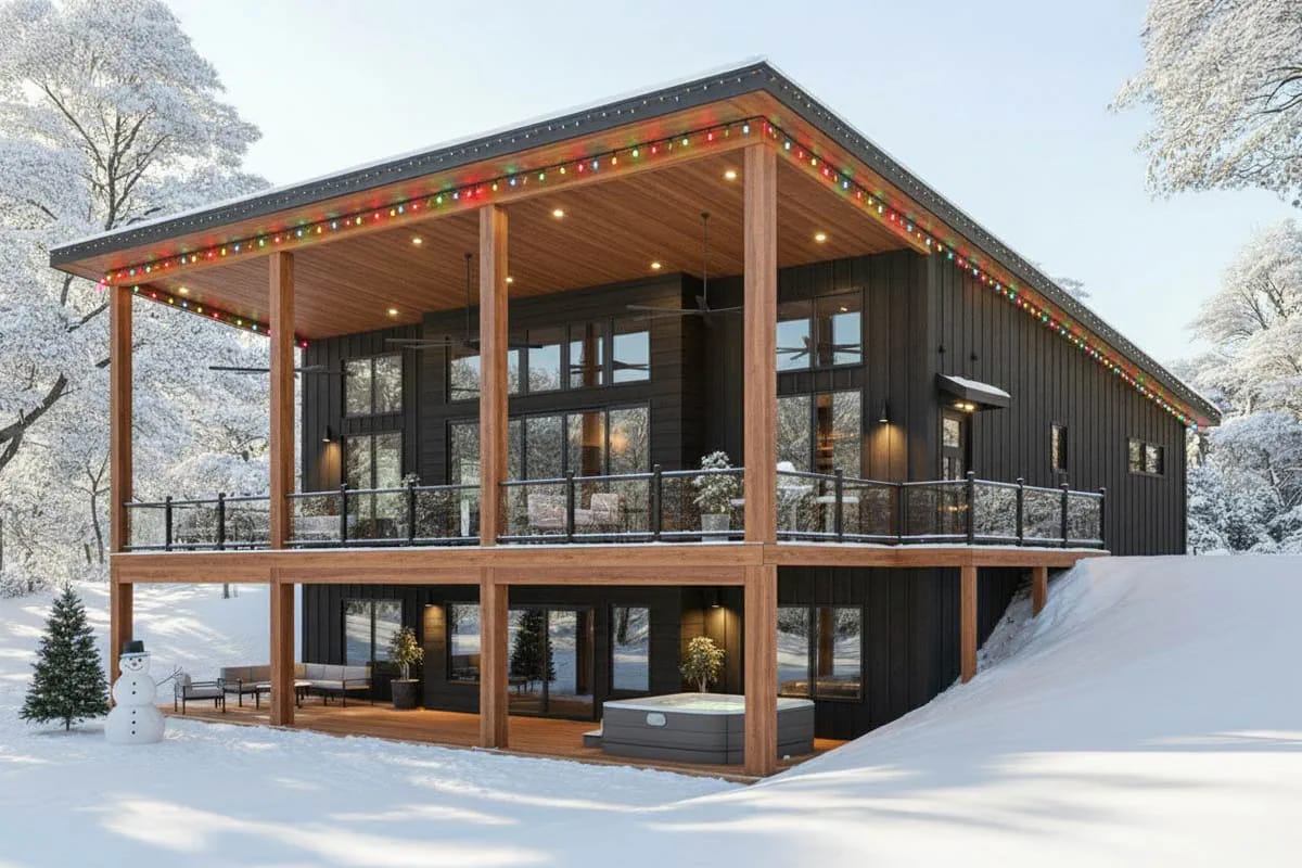 Contemporary dark-sided home with a two-level covered deck, spa, and colorful lights in a snowy woodland setting