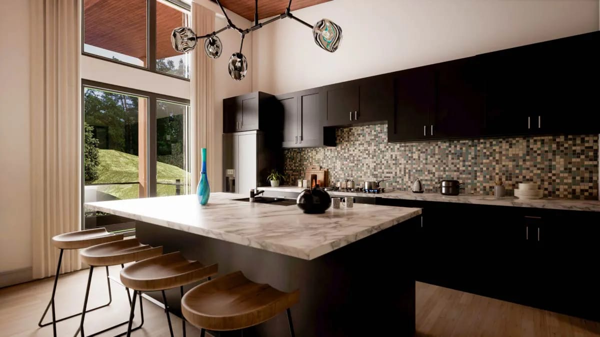 Contemporary kitchen with dark cabinetry, mosaic backsplash, large island, and floor-to-ceiling windows