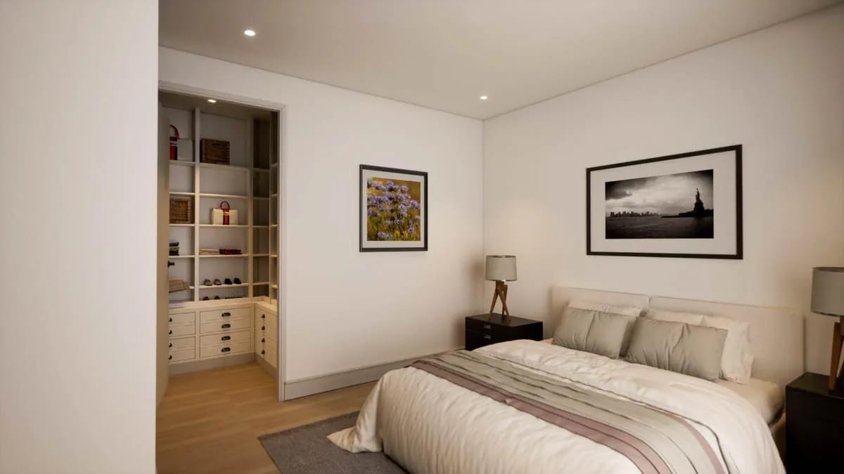 Contemporary neutral bedroom with built-in dressing closet, upholstered bed, wood flooring, and recessed lighting