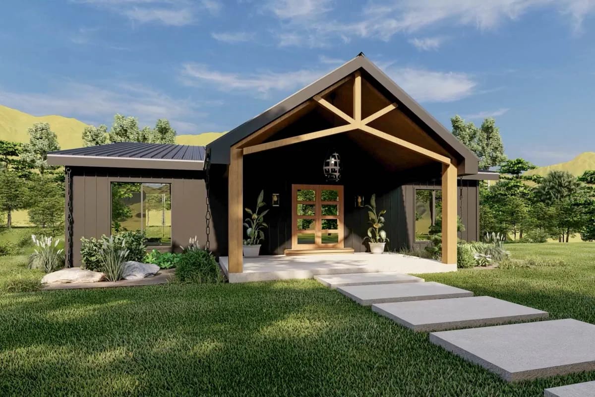 Contemporary rustic home with timber-framed gabled entry, dark siding, metal roof, and concrete path
