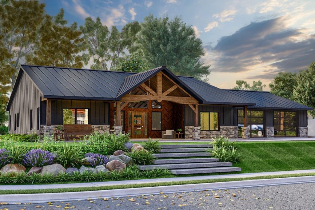 Contemporary rustic single-story home with timber entry, dark siding, metal roof, stone accents, and landscaped steps