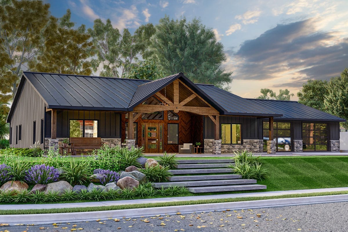 Contemporary rustic single-story home with timber entry, dark siding, metal roof, stone accents, and landscaped steps