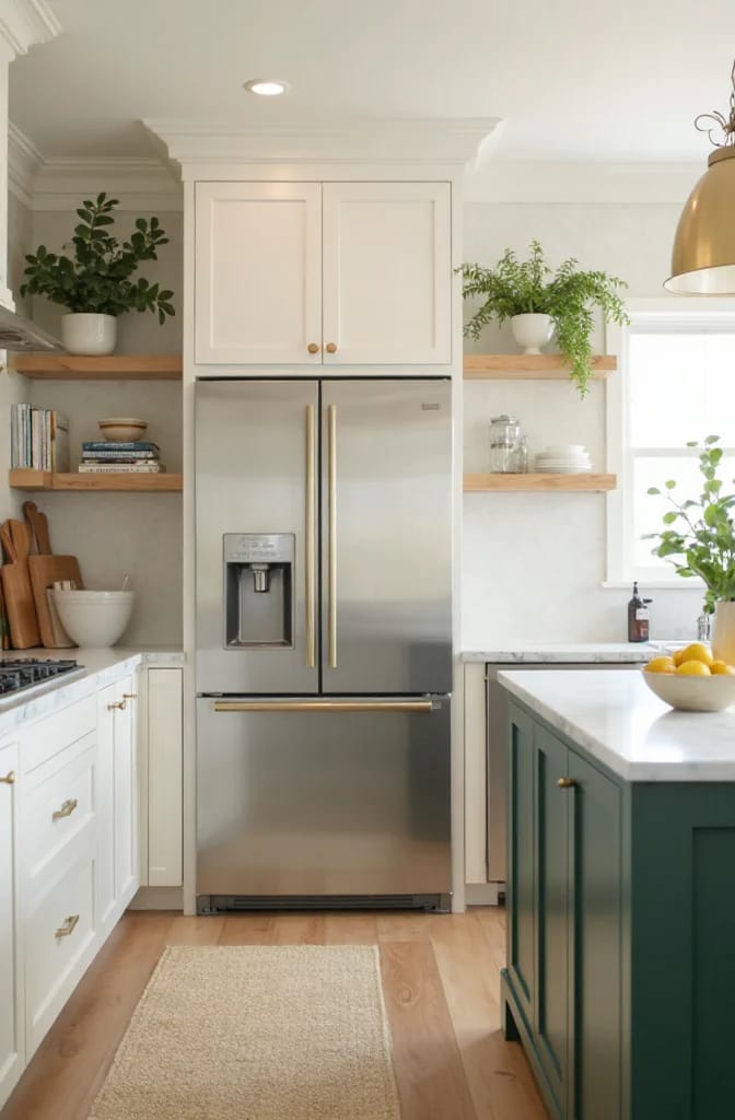 Counter-Depth Refrigerator Kitchen Remodel Inspiration Bright kitchen with a stainless steel counter-depth refrigerator between white cabinets, open wood shelves with plants and dishes, and a green island with a bowl of lemons.