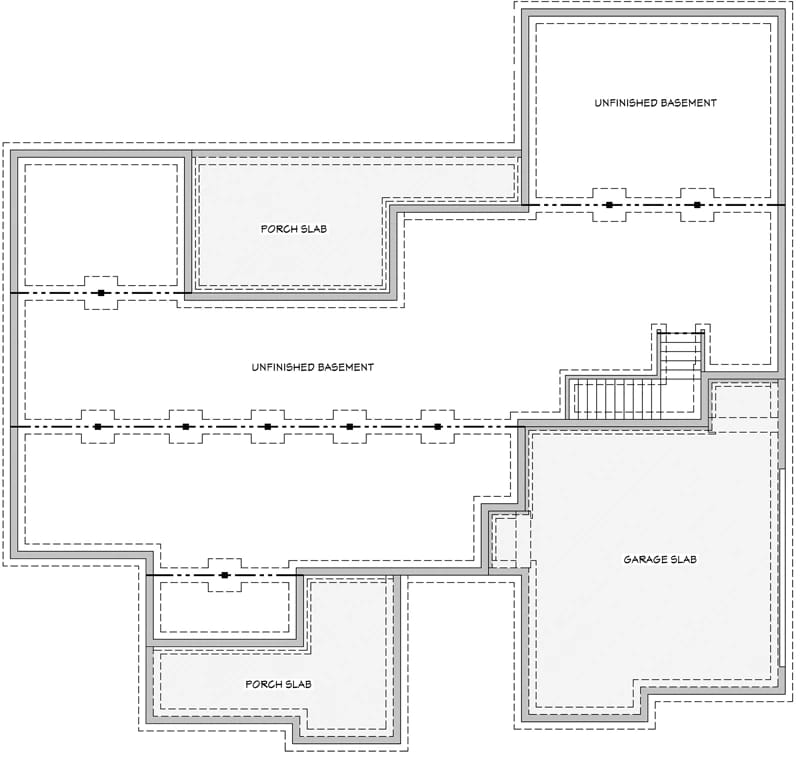 Foundation plan for a 4-bedroom country Craftsman house plan showing unfinished basement areas, porch slabs, stairs, and a side-entry two-car garage slab