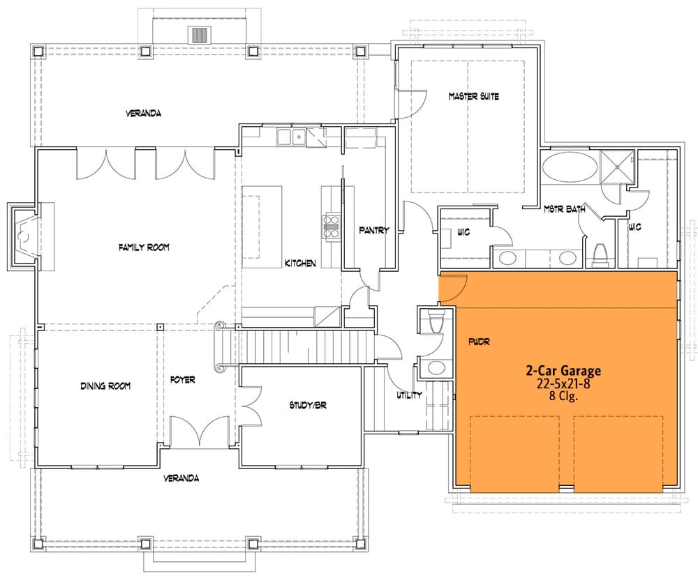 First-floor plan for a country Craftsman house showing the veranda, family room, dining room, kitchen, pantry, master suite, study, utility room, powder room, and highlighted two-car garage.