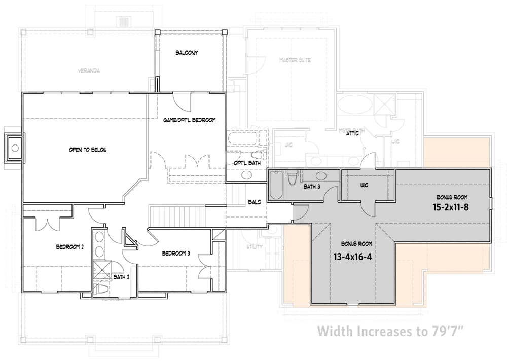 Second-floor layout of a country Craftsman house plan showing an open-to-below great room, balcony, game room or optional bedroom, three bedrooms, bathrooms, and bonus rooms.