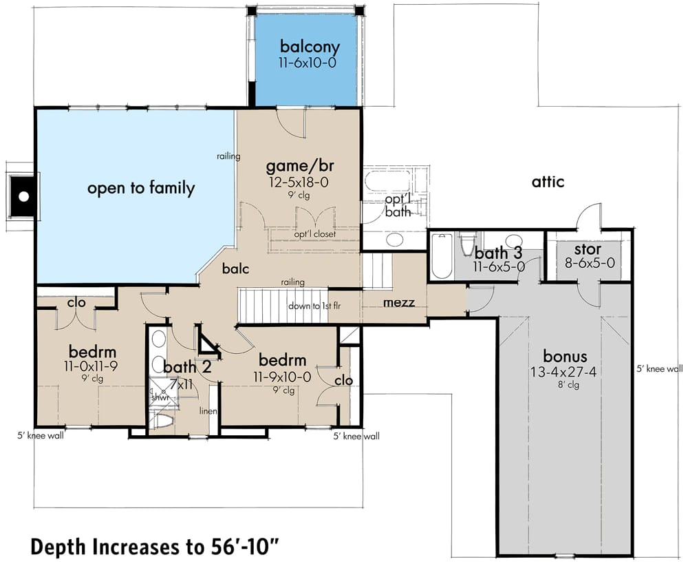 Upper-level floor plan for a country craftsman house plan showing a game room overlooking the open-to-family two-story space, balcony, bedrooms, bathrooms, attic, storage, bonus room, and mezzanine