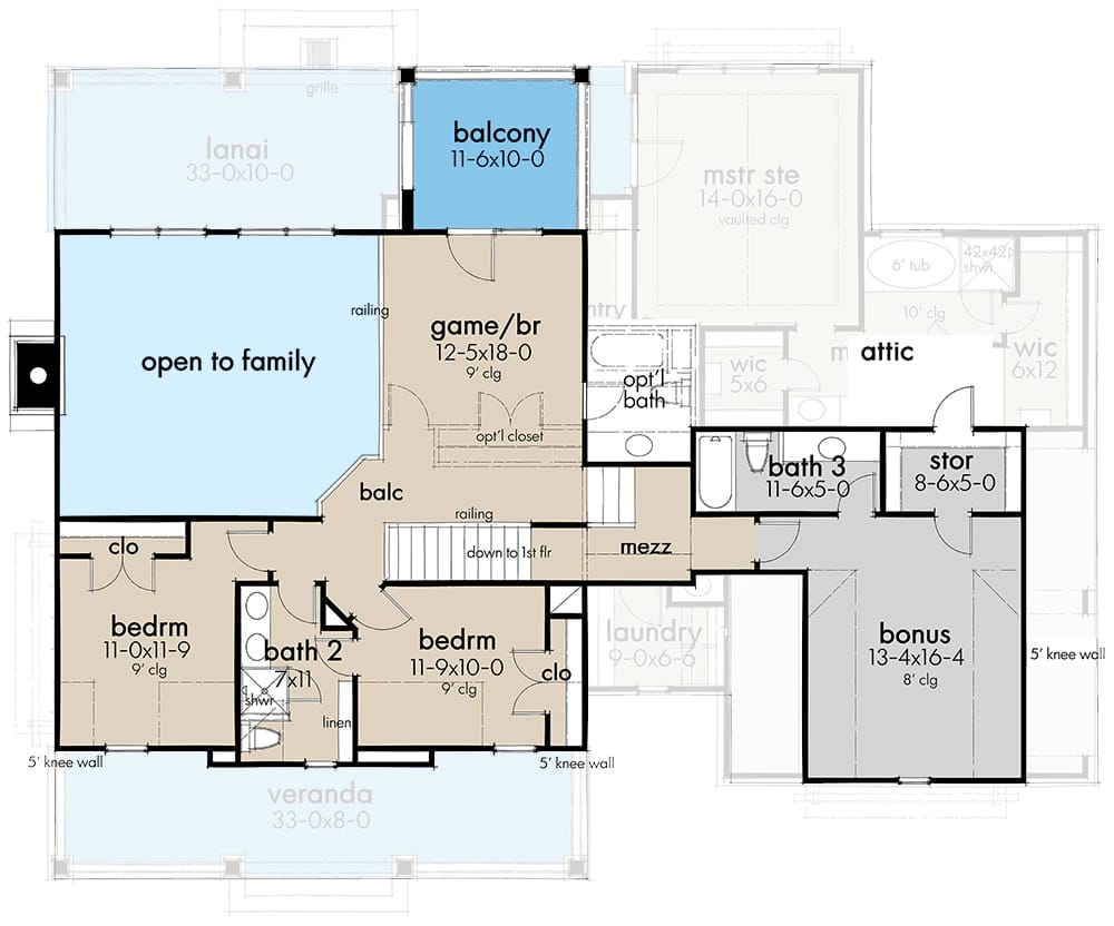 Second-floor plan for a country craftsman house plan showing a game room overlooking an open-to-family great room, balcony, two bedrooms, bathrooms, attic, bonus room, storage, and mezzanine.