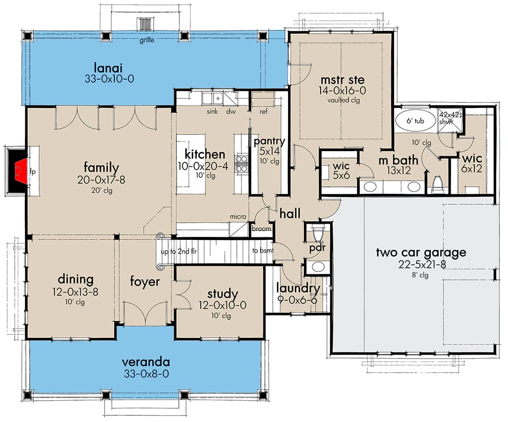 Labeled main floor plan for a country Craftsman house plan, showing the lanai, family room, kitchen, dining room, foyer, study, master suite, laundry, powder room, veranda, and two-car garage.