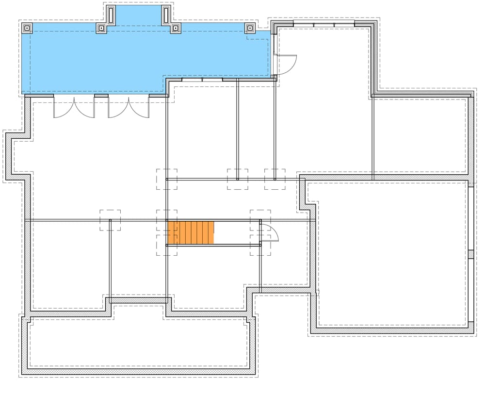 Architectural floor plan for a country craftsman house plan showing a blue-shaded covered porch, orange staircase, multiple rooms, and an open area representing the two-story great room and game room overlook