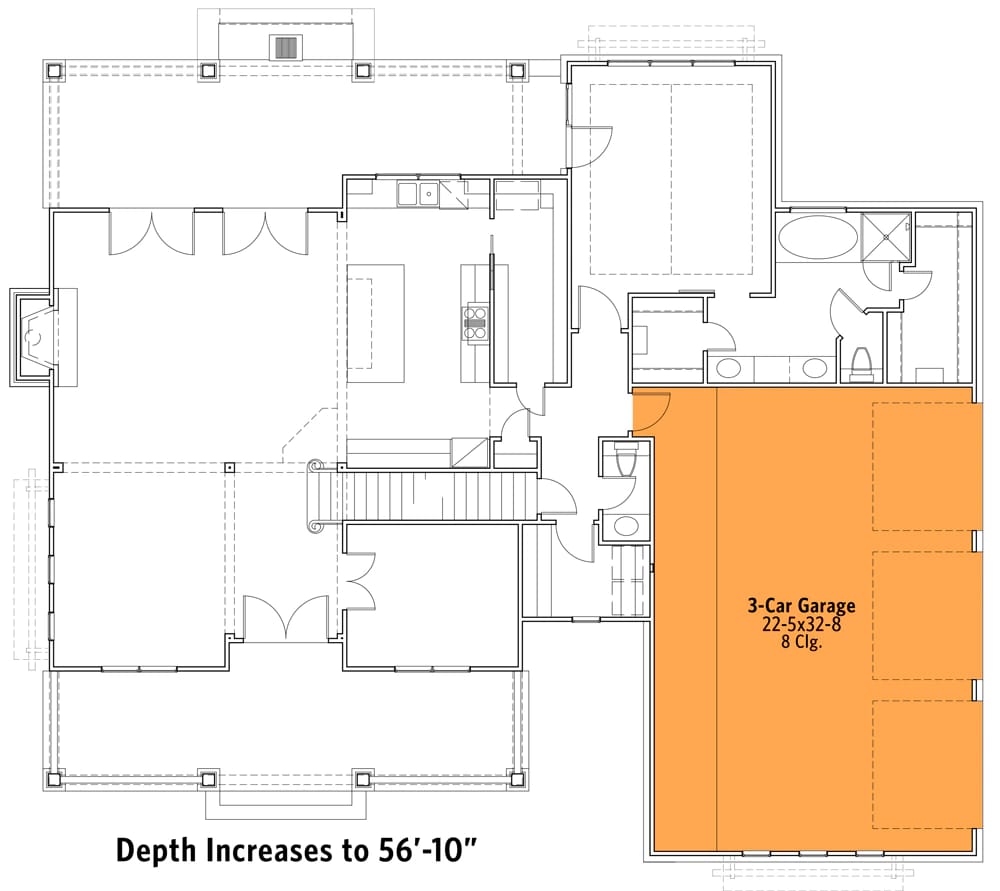 Floor plan highlighting the three-car garage in orange on a country craftsman house plan, with the garage labeled 22-5x32-8 and connected to the main home.