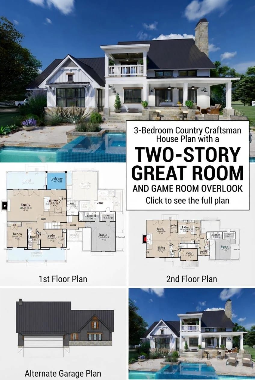 Collage showing a country Craftsman house exterior with a pool, first- and second-floor plans, and an alternate garage plan for the 3-bedroom house design