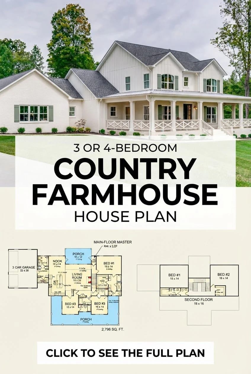 Exterior of a white country farmhouse with a wraparound front porch, shown above floor plan diagrams for the 2,796-square-foot house plan.
