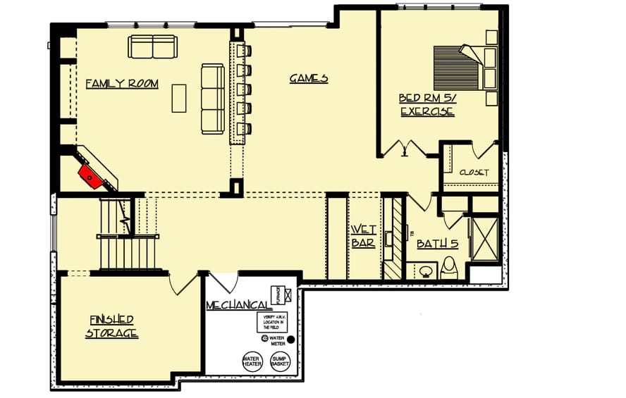 Basement floor plan of a 4-bedroom craftsman house with labeled rooms including family room, game room, bedroom or exercise room, bath, finished storage, mechanical room, and wet bar, supporting the craftsman house plan with great room article topic.