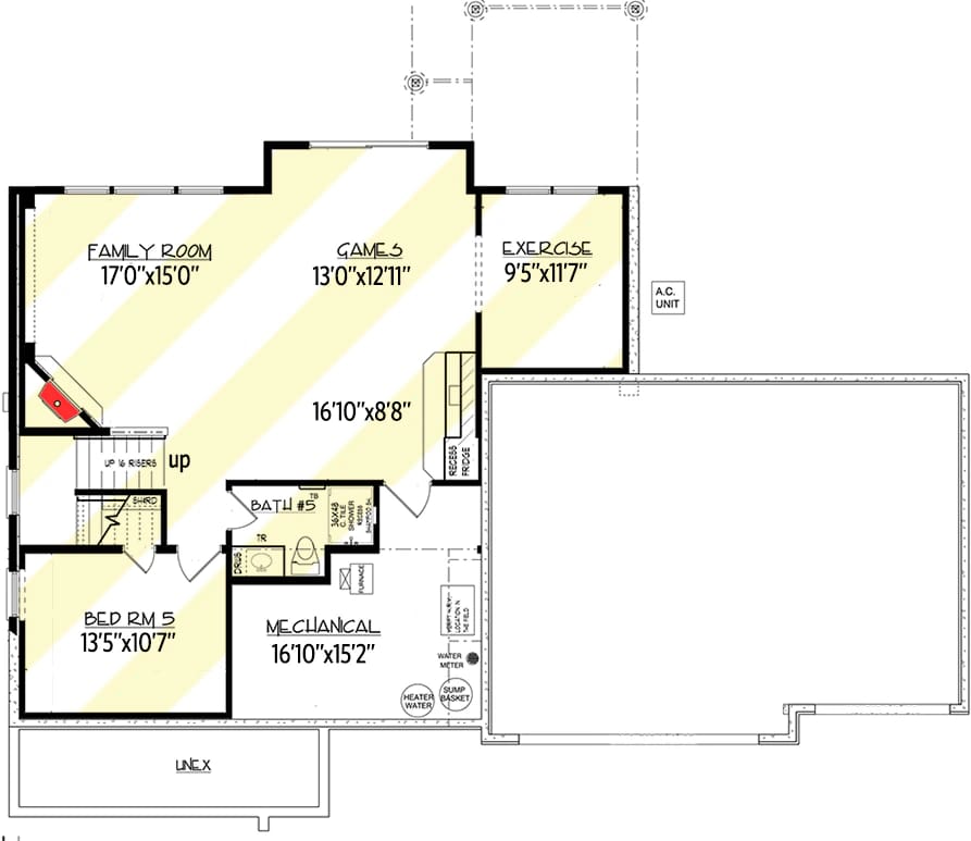 Floor plan of the optional finished lower level for a 4-bedroom craftsman house, showing a family room, games area, exercise room, bedroom, bathroom, mechanical room, and access to the 3-car garage.