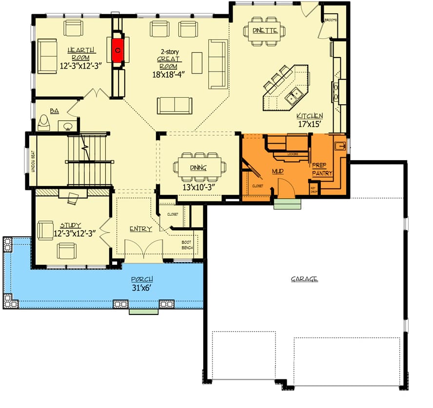 Main floor layout of a 4-bedroom craftsman house plan featuring a two-story great room, kitchen, dining areas, hearth room, study, prep pantry, mudroom, porch, and a large garage.