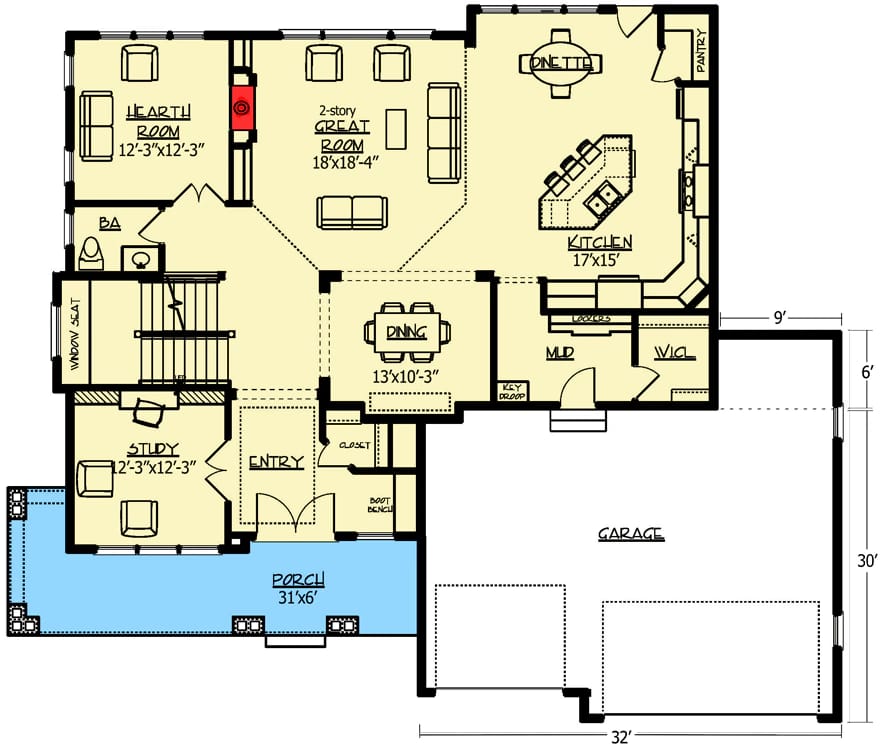 Floor plan of a 4-bedroom craftsman house featuring a spacious two-story great room, hearth room, kitchen with island, dining area, study, mudroom, pantry, and a large garage, illustrating the exclusive craftsman house plan with great room design.
