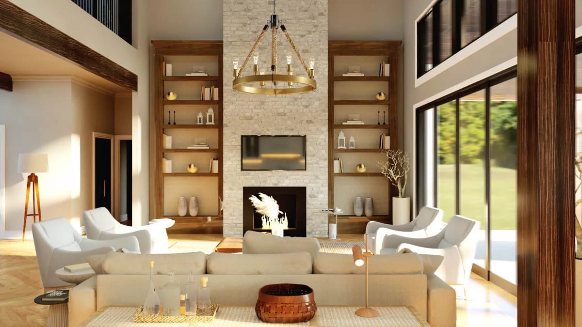 Double-height living room with stone fireplace, wood built-ins, and large glass doors Double-height living room with stone fireplace, wood built-ins, and large glass doors