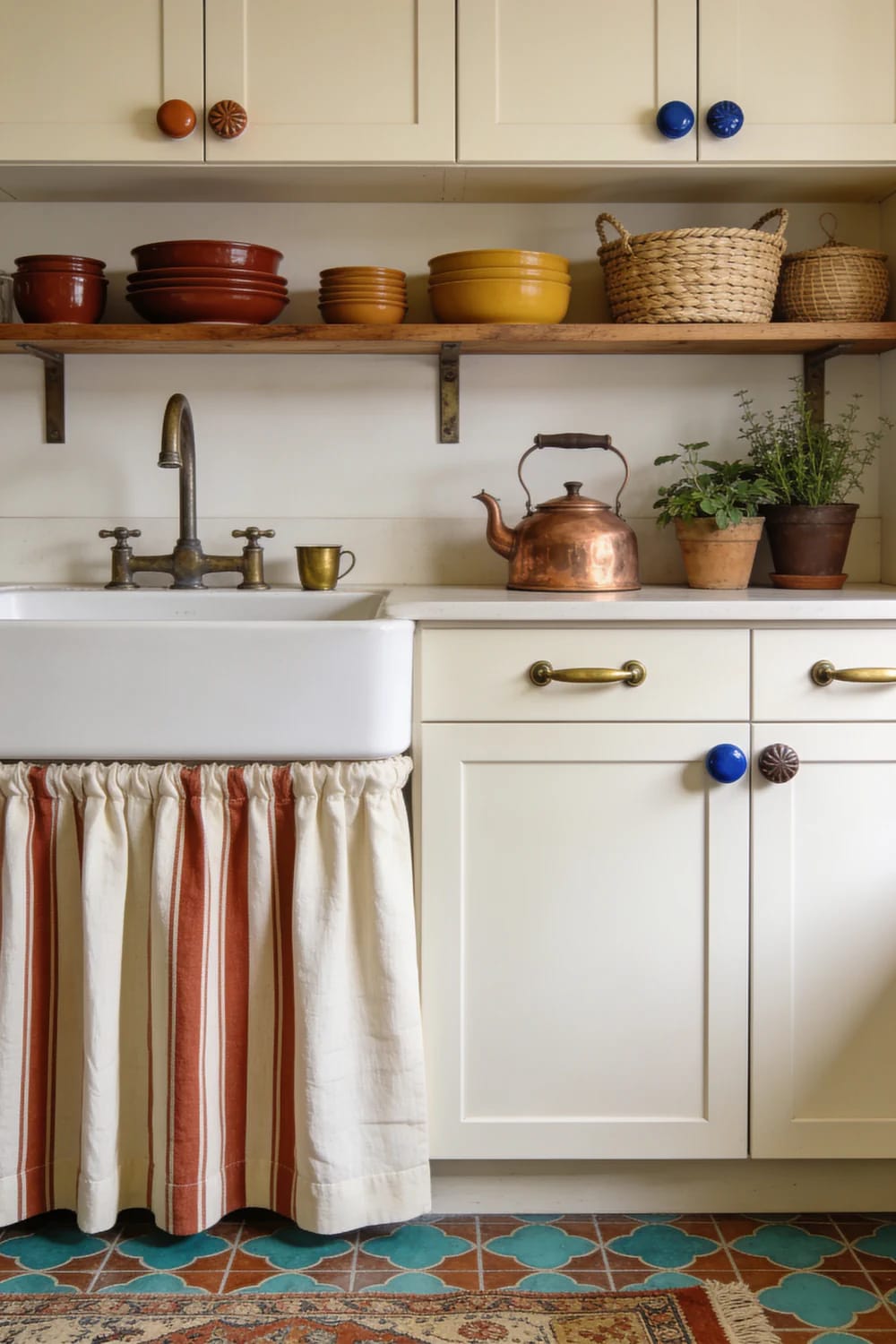 Eclectic kitchen with colorful cabinet knobs, brass handles, a farmhouse sink, and a striped fabric sink skirt beneath open shelving with dishes, baskets, a copper kettle, and potted herbs
