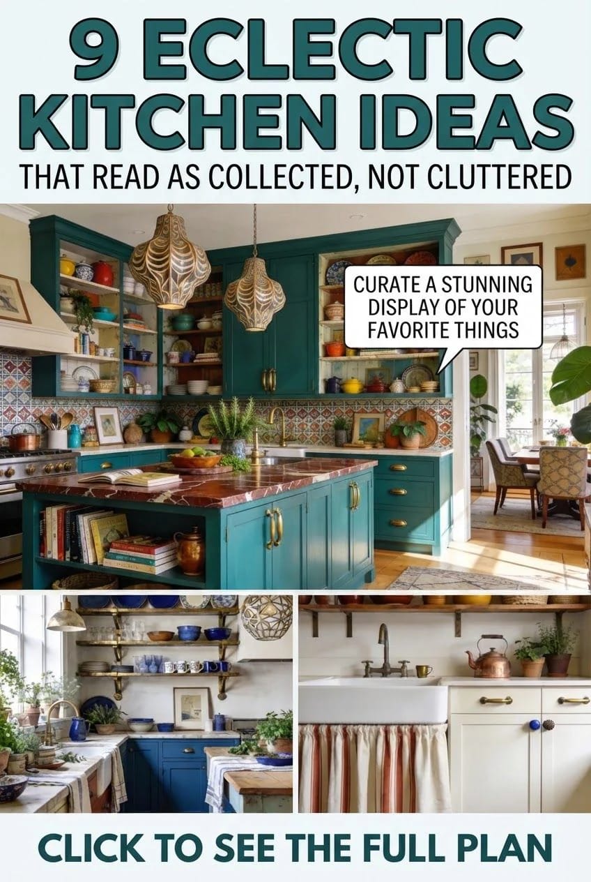 Graphic featuring an eclectic kitchen with teal cabinets, open shelves displaying colorful dishes, patterned backsplash, pendant lights, and a marble island, plus two smaller kitchen scenes below and text about collected decor
