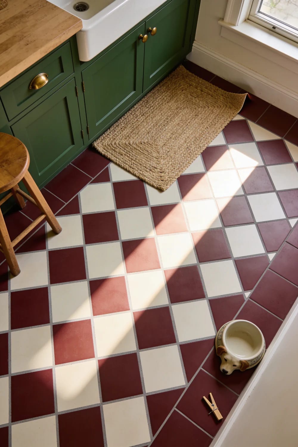 Eclectic kitchen with dark green cabinets, a white farmhouse sink, wood countertop, woven mat, and bold burgundy-and-cream checkerboard floor tiles