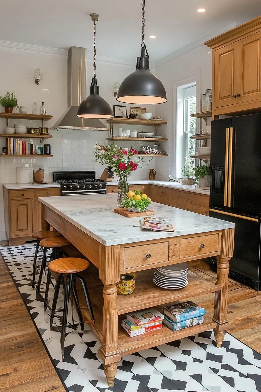 Eclectic kitchen with a large wooden furniture-style island featuring a marble countertop, drawers, turned legs, and open shelves holding dishes and books