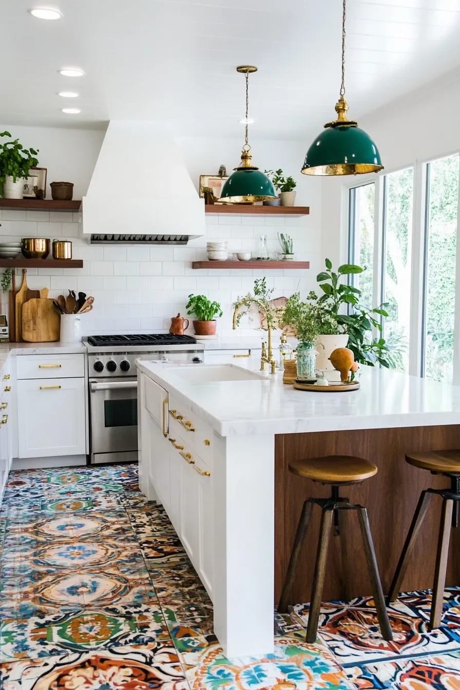 Bright eclectic kitchen with white cabinets, open wood shelves, green pendant lights, a central island, and a colorful patterned floor featuring large circular motifs.