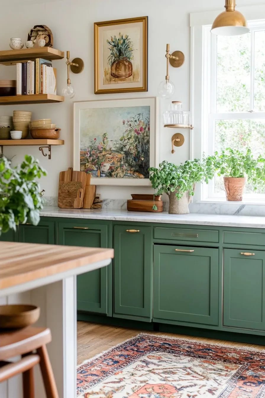 Eclectic kitchen with two framed artworks displayed above green cabinets, alongside open wooden shelves, plants, brass lighting, and a sunlit window