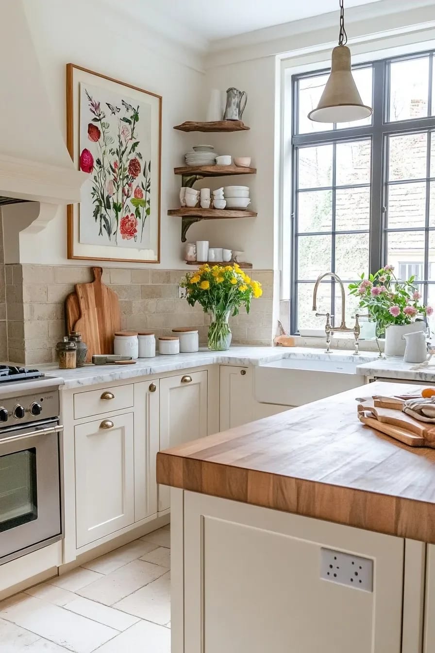 Eclectic kitchen featuring a framed botanical artwork above the countertop, open wood shelves displaying white dishes, a farmhouse sink, flowers, and a butcher-block island.