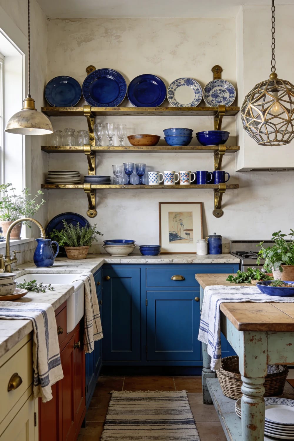Eclectic kitchen with three brass-framed open shelves displaying mismatched blue and white plates, bowls, glasses, and mugs above blue cabinetry and marble countertops