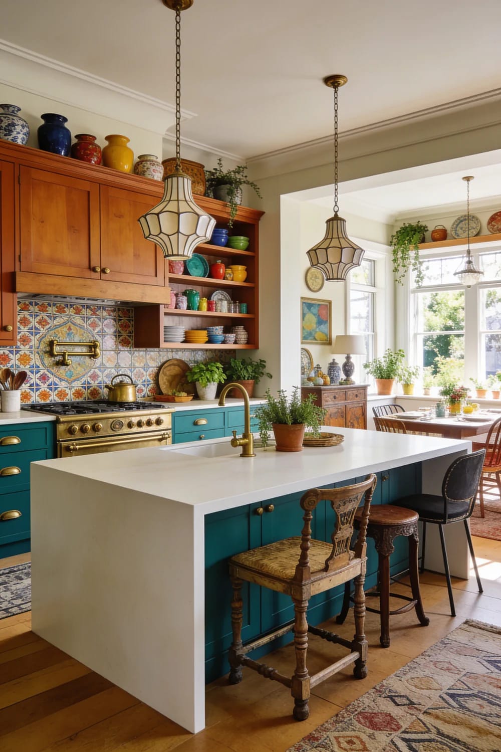 Eclectic kitchen with teal cabinets, patterned backsplash, colorful ceramics, ornate pendant lights, and a large plain white island countertop serving as the calm surface