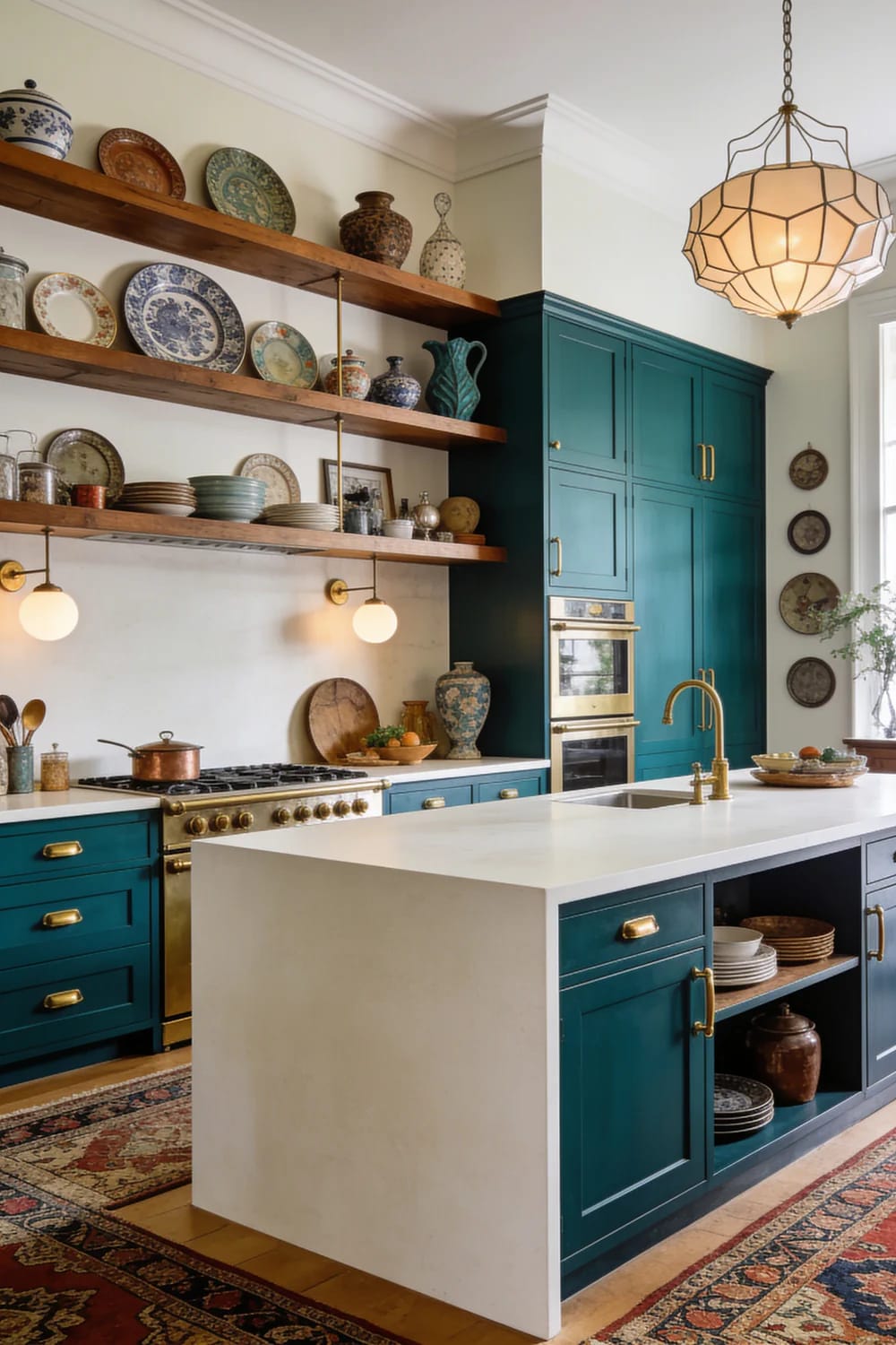 Eclectic kitchen with teal cabinetry, open wooden shelves displaying assorted dishes and pottery, a large plain white island countertop, and a decorative pendant light