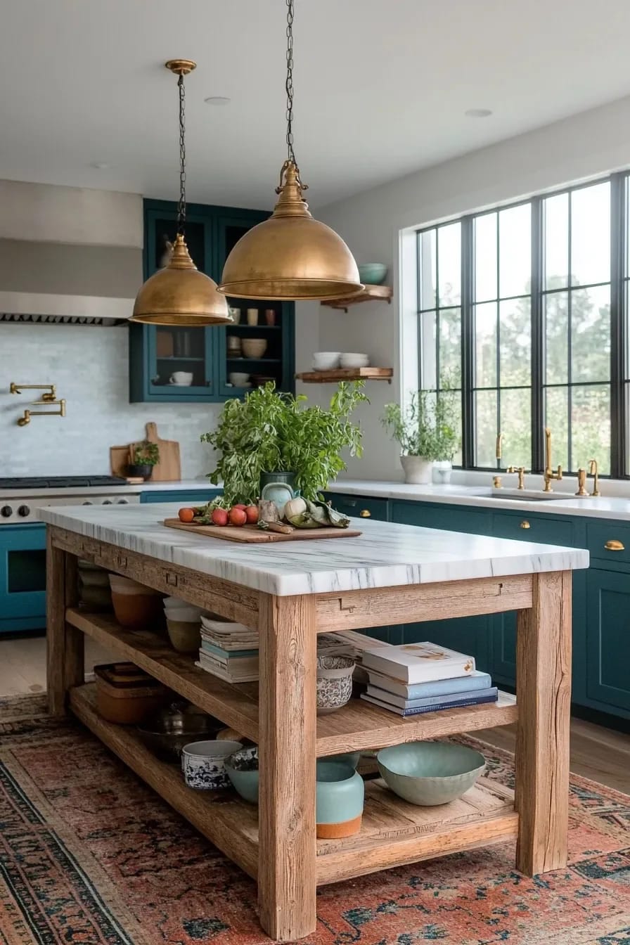 Eclectic kitchen featuring two large brass dome pendant lights above a wood island with a marble countertop, teal cabinets, open shelving, potted herbs, produce, and bowls arranged below.