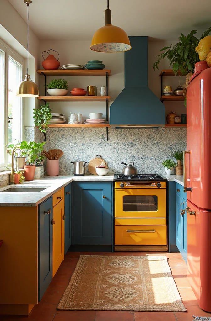 Eclectic kitchen with blue cabinets, orange and yellow appliances, open wood shelves, colorful dishware, hanging pendant lights, plants, and a patterned rug, illustrating a collected color scheme.